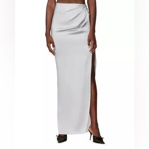 ⭕️ Hervé Léger Draped Asymmetrical Silk Maxi Skirt Silver NEW